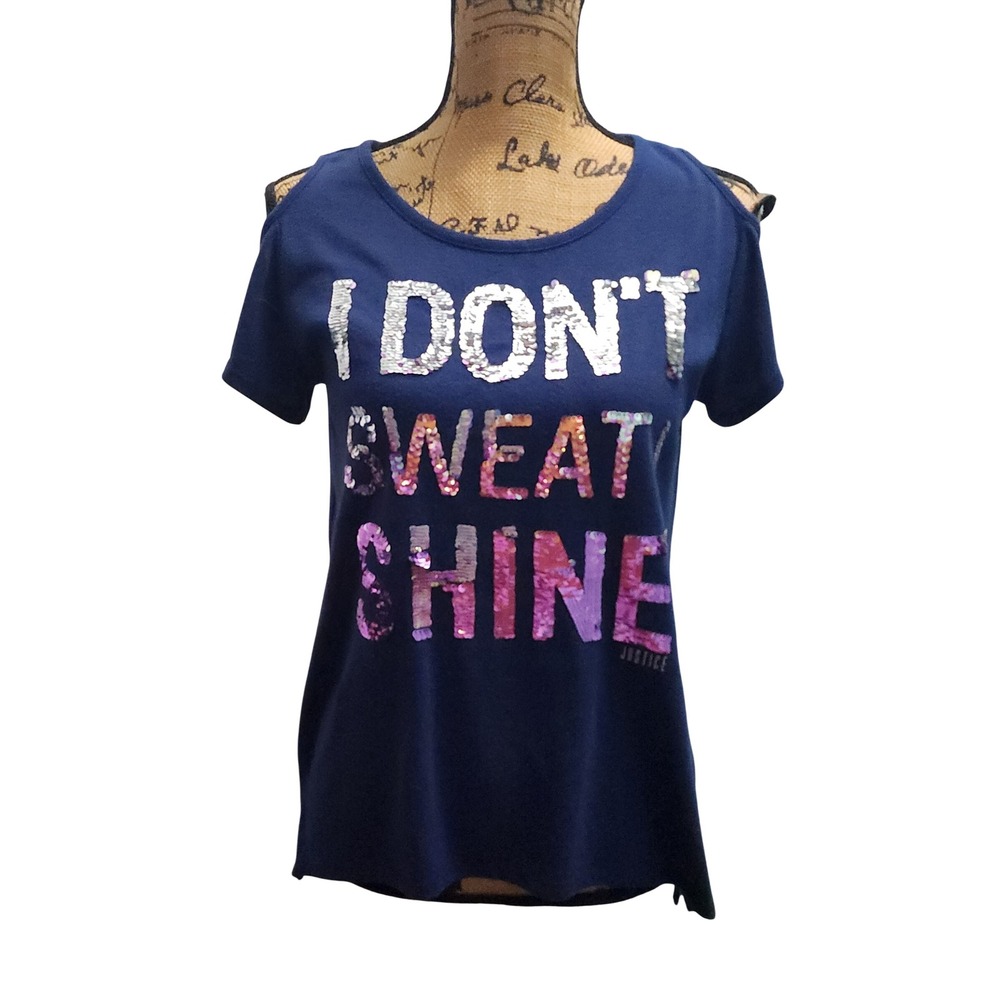 Justice Active Girls Cold Shoulder T Shirt I Dont Sweat I‎ Shine Sequins 14 16